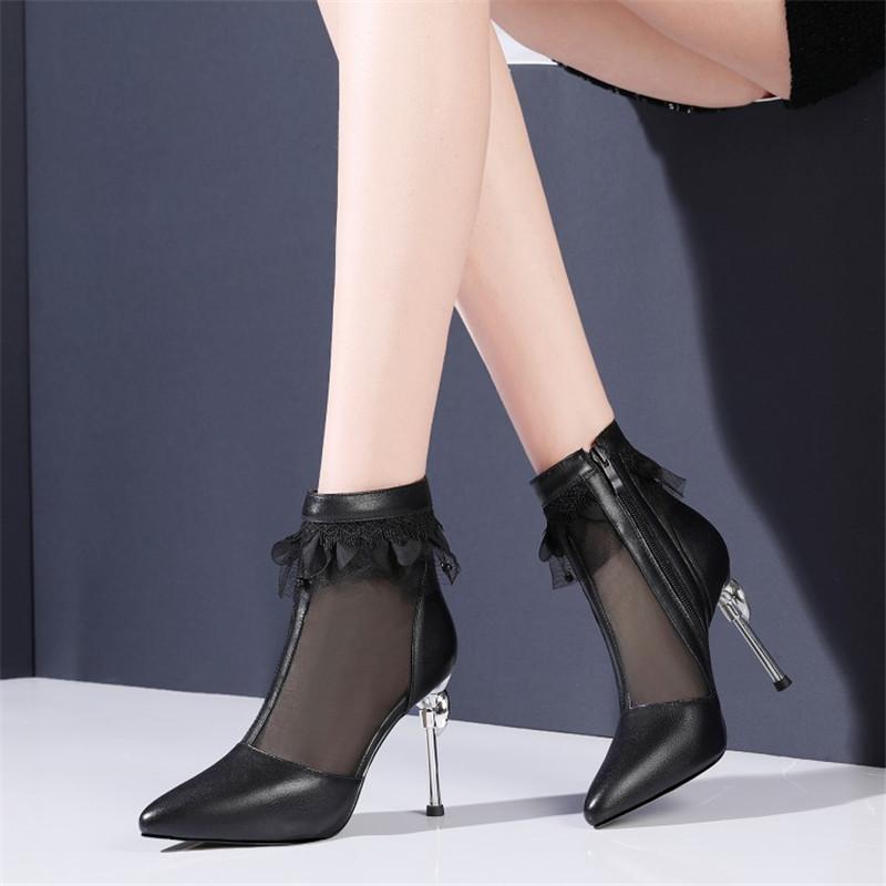 

Leather Boots Women Ankle Boots for Lady Shoes Woman Pointed Air Mesh Short Women Summer Sexy Party Wedding Shoes Booties, Black