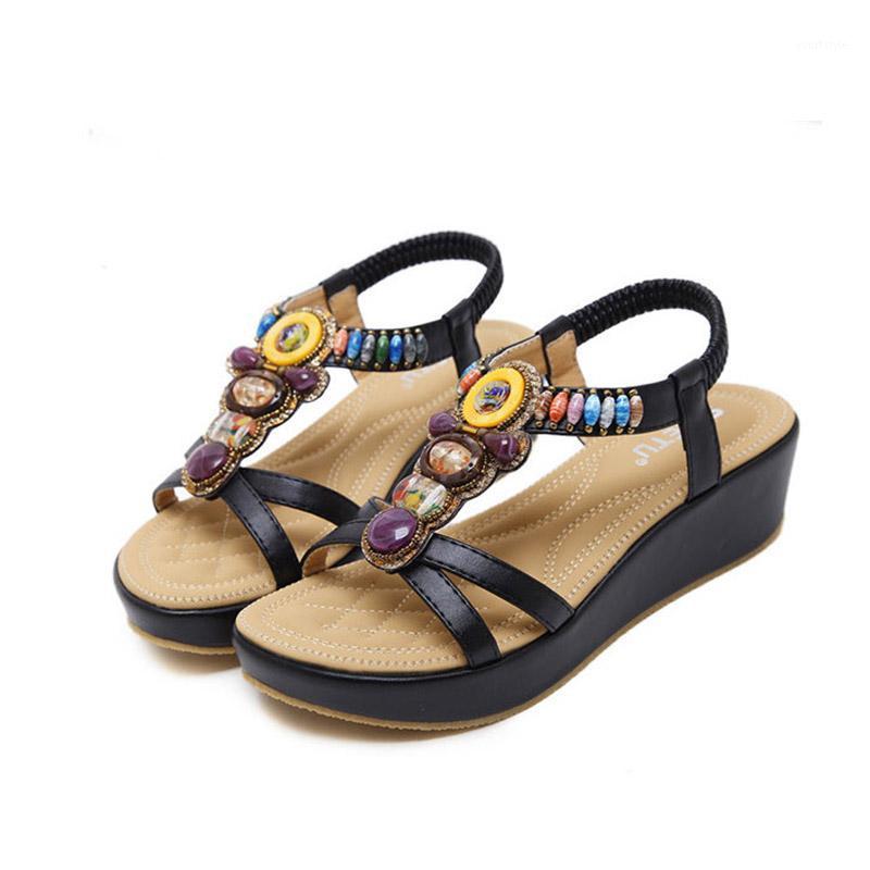 

Woman Sandals Summer Shoes New 2021 Summer Sandals Bohemia Slope Heel Beaded Large Size Comfortable Shoes Y1, Black