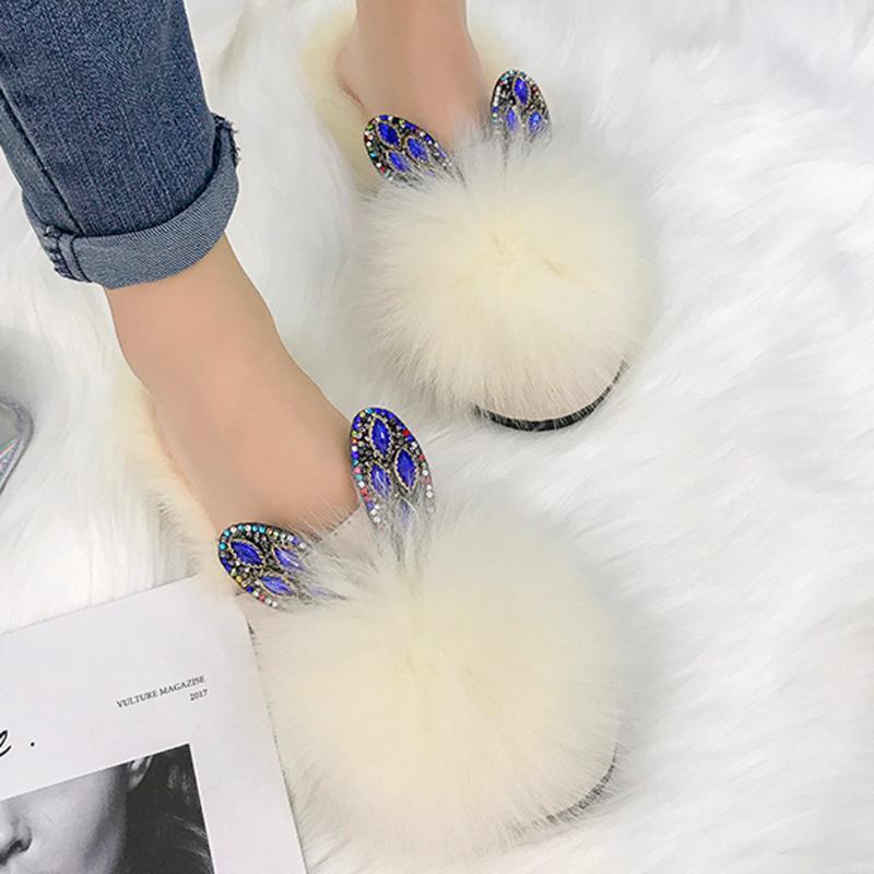 

Women's Add Wool Warm Flat Heels Crystal Ears Covered Slipper ShoesFemale Comfy Faux Fur Flat Soft beach Slippers1, Black