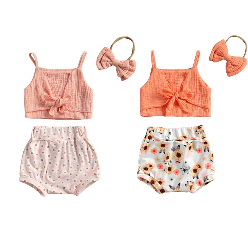 

Clothing Sets Lioraitiin 0-24M 3Pcs Summer Fashion Set Toddler Baby Girl Sleevless Bow Vest Top Floral Printed Shorts 2Styles, White