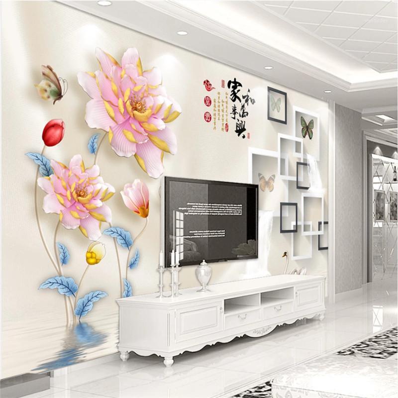 

Chinese 3D Stereoscopic Relief Flower Family Harmony Theme TV Background Wallpaper Mural Modern 3D Floral Wall Papers Home Decor1, As pic