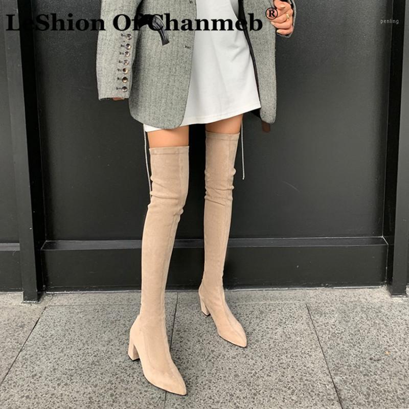 

LeShion Of Chanmeb Large Size 43 Stretch Suede Over the Knee High Boots Women Elastic Black Nude Beige High Heeled Long Boot New1, Nude boots