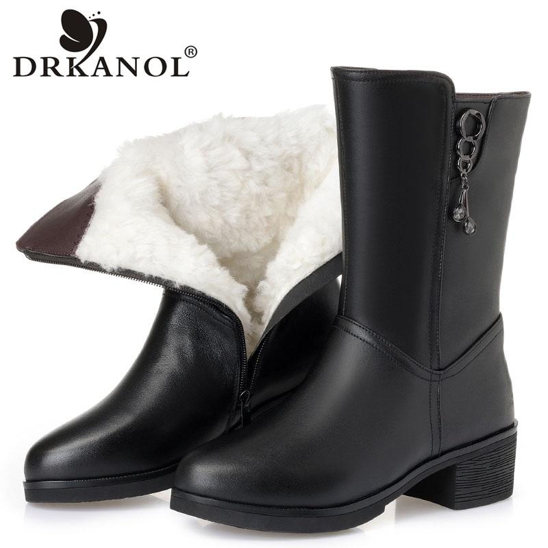

DRKANOL Natural Wool Winter Warm Snow Boots Women Genuine Leather Mid Calf Thick Heel Women Boots Black Waterproof Leather, Artificial plush