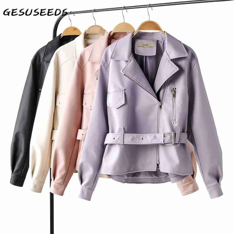 

White leather jacket women vintage pu leather coat casual loose jacket turn down collar zip up black coat belt, Pink