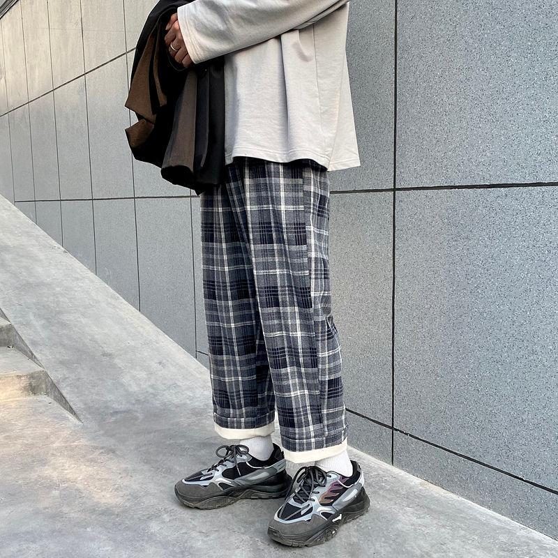 

Spring Plaid Pants Men's Fashion Retro Casual Pants Men Streetwear Korean Loose Hip-hop Straight Wide-leg Mens Trousers, Tibetan green grid