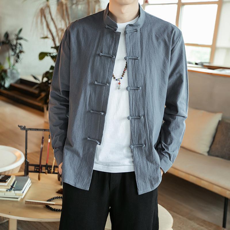 

Chinese Style Men Shirt Button Stand Collar Long Sleeve Casual Loose Tops Solid Color Vintage Tang Suit Shirts Men Plus Size 5XL