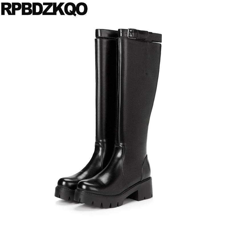 

Equestrian Brand Women Winter Boots Genuine Leather 9 Biker Knee High Platform Chunky Long Luxury Slim Shoes Riding Motorcycle, Black