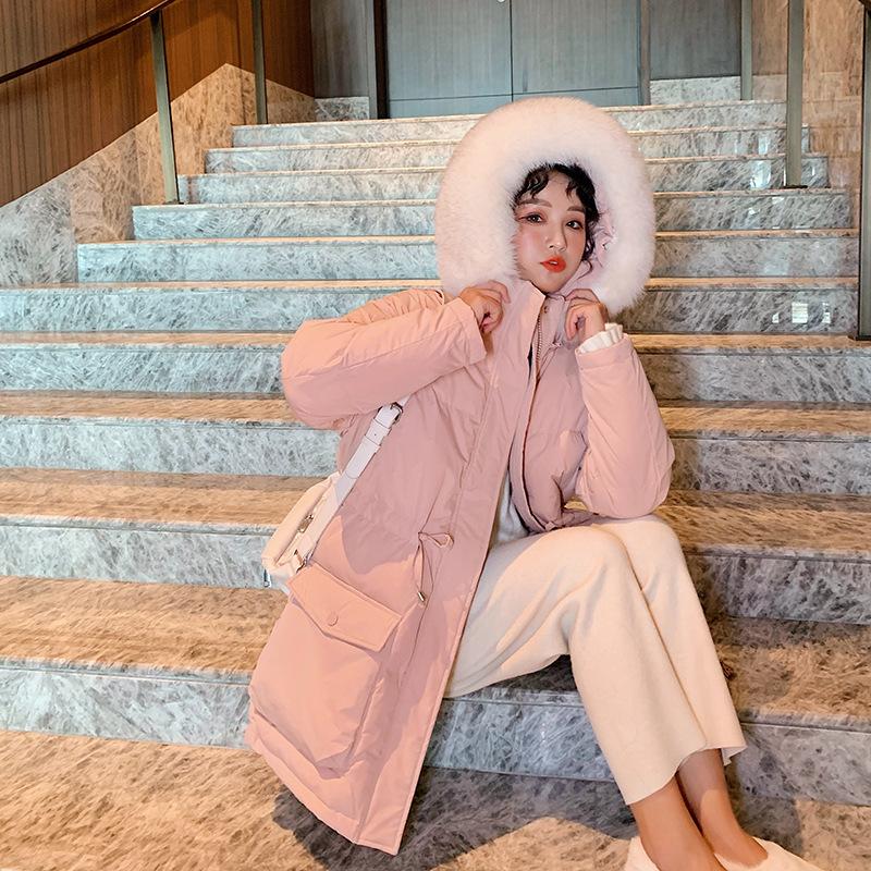 

super large feather collar Korean down jacket women' middle and long style slim waist fashion thickened Hooded Jacket, Black