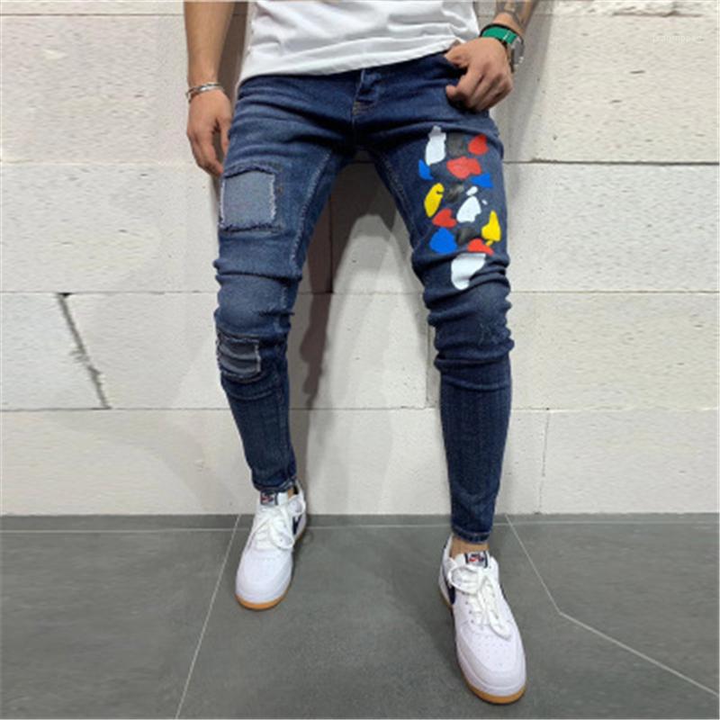 

Skinny Jeans Fashion Trend Elasticity Hole Denim Pencil Pants Spring Male New Washed Patch Spots Casual Slim Trousers Mens Solid Color, Blue