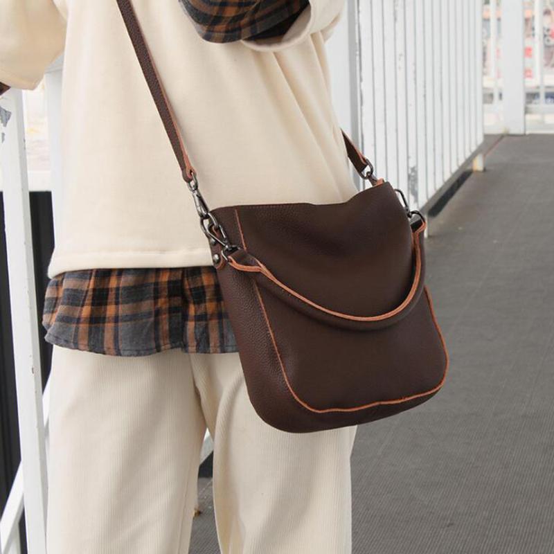 

New Women Leather Shoulder Bags Genuine Leather Bucket Handbag Female Messenger Bags Kpop Casual Cowhide Crossbody Shopping Bag, Black