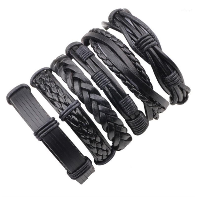 

Charm Bracelets MKENDN 6PCs/Set Black Leather Bracelet Men Multilayer Braid & Bangles Punk Wrap For Women Casual1