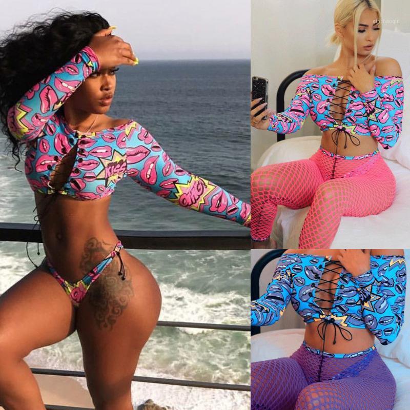 

3pcs/Set Hot Lips Printed Bikini Set Swimwear Women 2020 Bandage Off Shoulder Sexy Women Swimsuit Push Up Padded Bathing Suit1