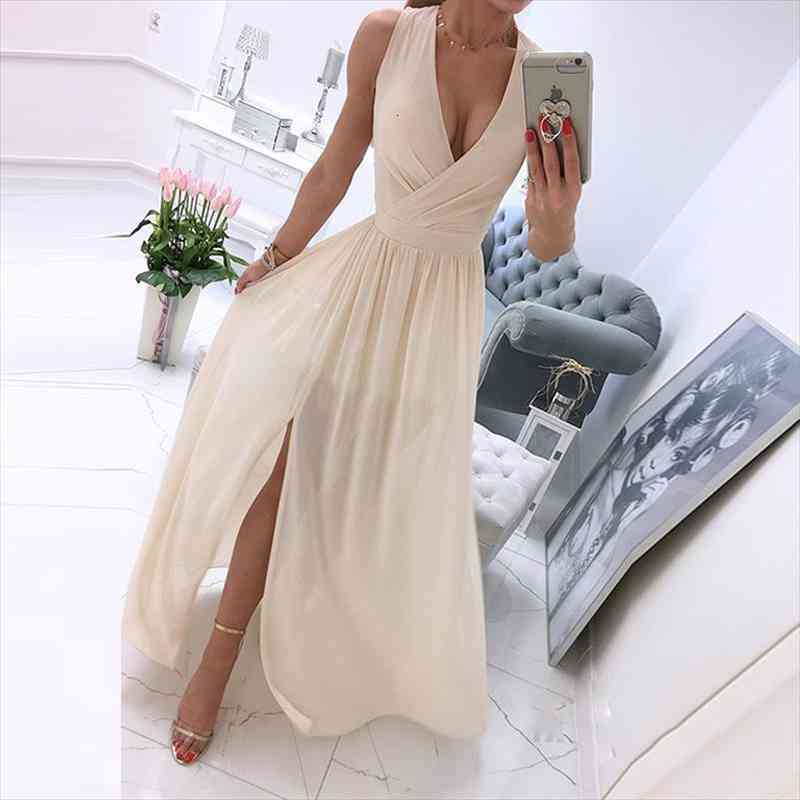 

Summer Women Sexy Off Shoulder Sleeveless Party Dress Ladies Fashion Elegant Slim Crossover V Neck Split Long Dress Vestido, Black;gray