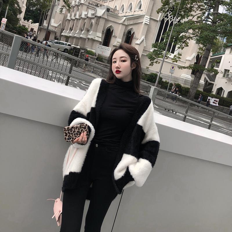 

Autumn Spring V Neck Striped Patchwork Women Sweaters Long Sleeve Oversize Warm Chic Elegant Cardigans White Black Mohair1