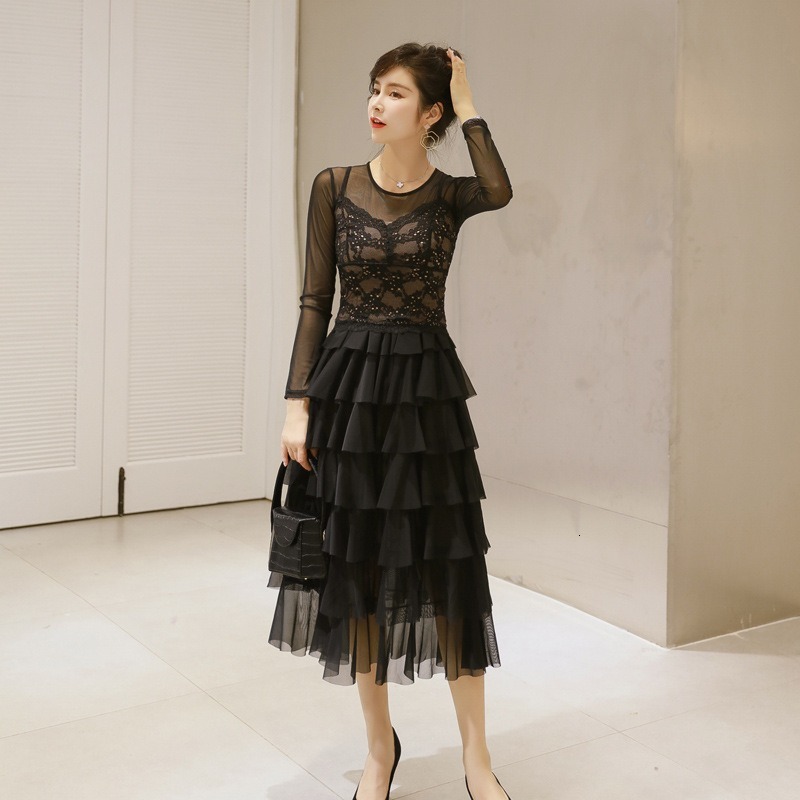 

2021 New Autumn sexy black ladies thin chiffon lace plissate female dress long gowns EPC1