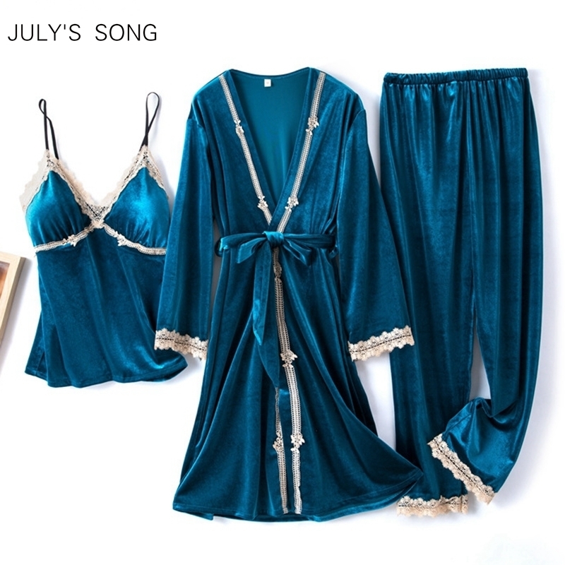 

JULY'S SONG Women Winter Velvet 3 Pieces Pajamas Set Warm Autumn Sleepwear Blue Lace Sexy Homewear Sling Long Sleeves Nightdress 201113, Color 04