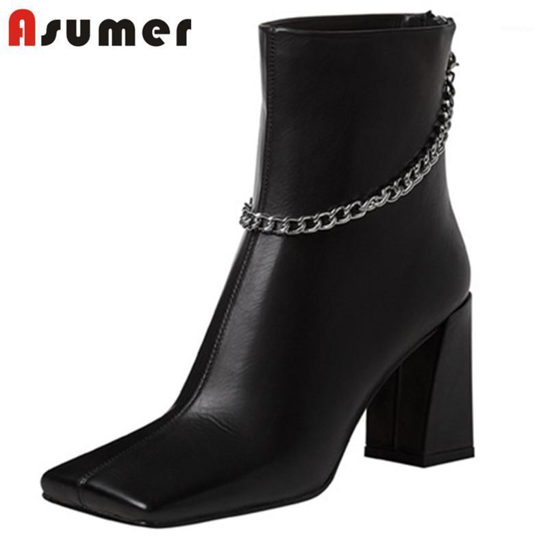 

Asumer 2021 autumn winter newest women boots genuine leather square toe zip high heel casual shoes fashion women ankle boots1, Black not fur