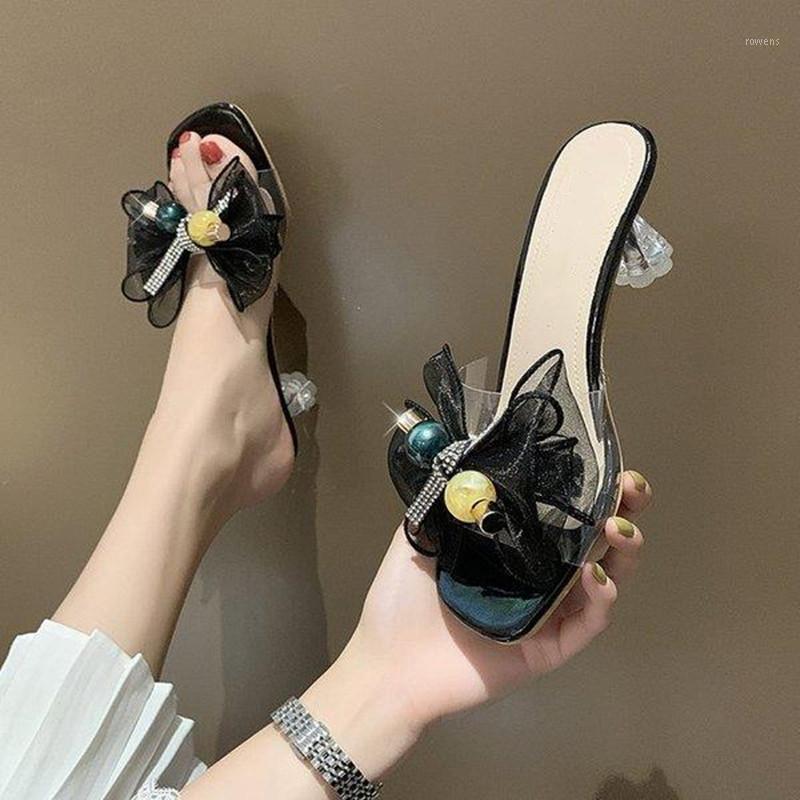 

Shoes Women Female Sandals Glitter Slides Med Butterfly-knot Heeled Mules Soft 2020 Jelly Summer High Transparent Basic1, Black