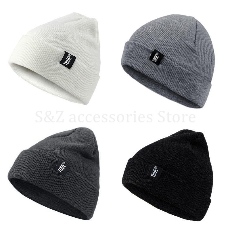

Men Women Winter Snow Ski Knitted Cotton Skull Cap Solid Color Stretchy Cuffed Beanie Hat Ear Warmer with Letters Logo Tag, Black