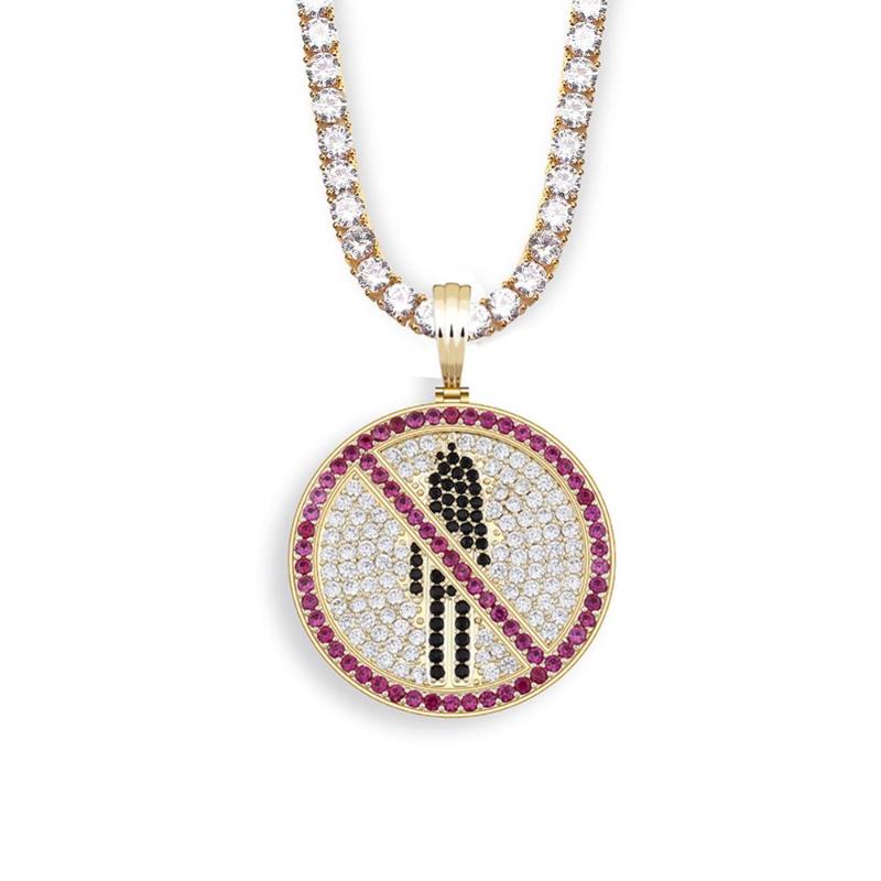 

2020 New Brass Material Hop Jewelry Wholesale Round Pendant Fully Iced Out No Pedestrians Road Signs Pendant Necklace new Bling