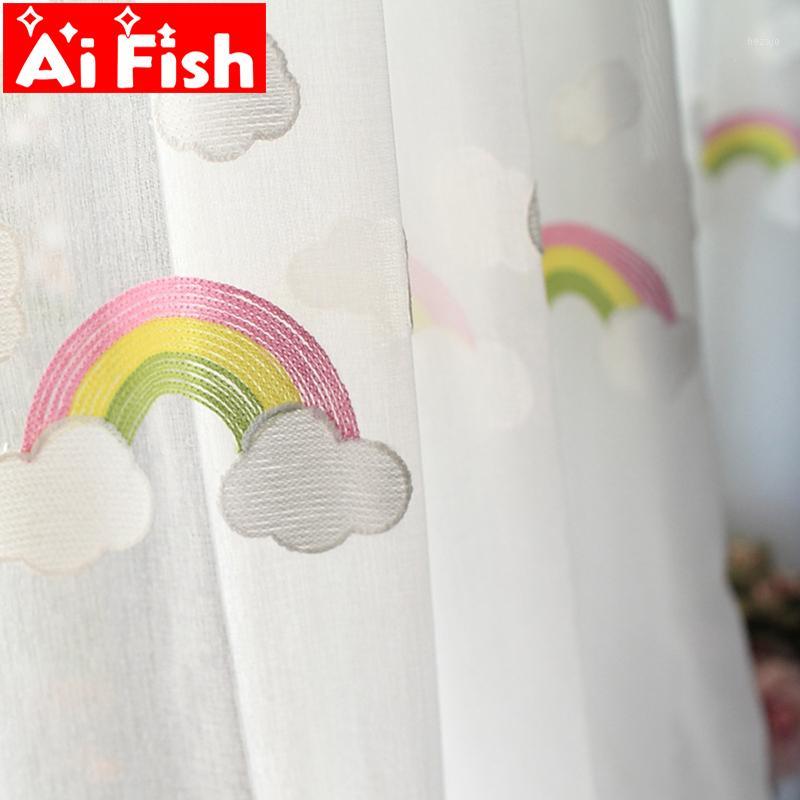 

Korean Embroidered White Cloud and Rainbow Sheer Window Bedroom Curtains Cotton Flax Panels Tulle Voile for Living room MY036#51