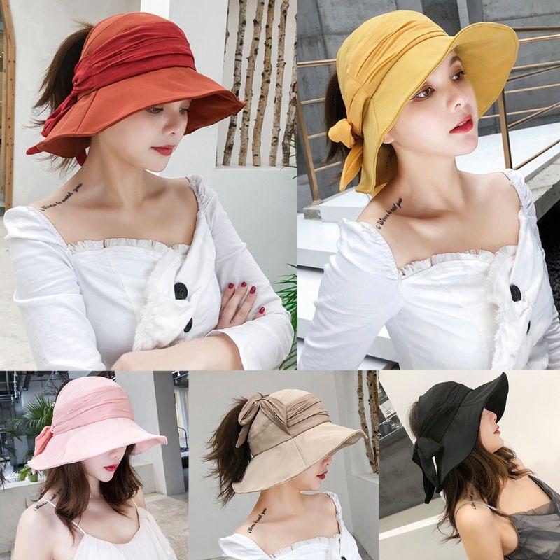 

Women Summer Pleated Bowknot Cotton Sun Visor Hat Flexible Wide Brim Open Top Bright Solid Color Beach Adjustable Bucket Cap