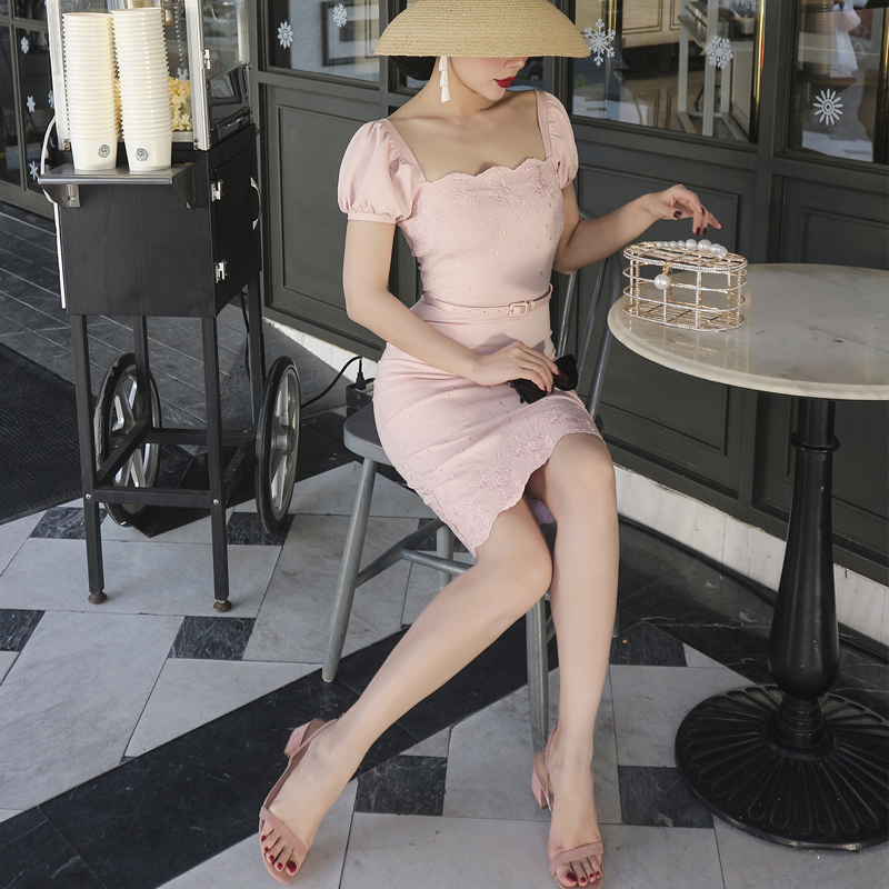 

2021 New Le Palais Full Original Embroidery Pink Glova Slim Dresses Sexy Elegant Knee-length Dressed in Party OT0M, Clear