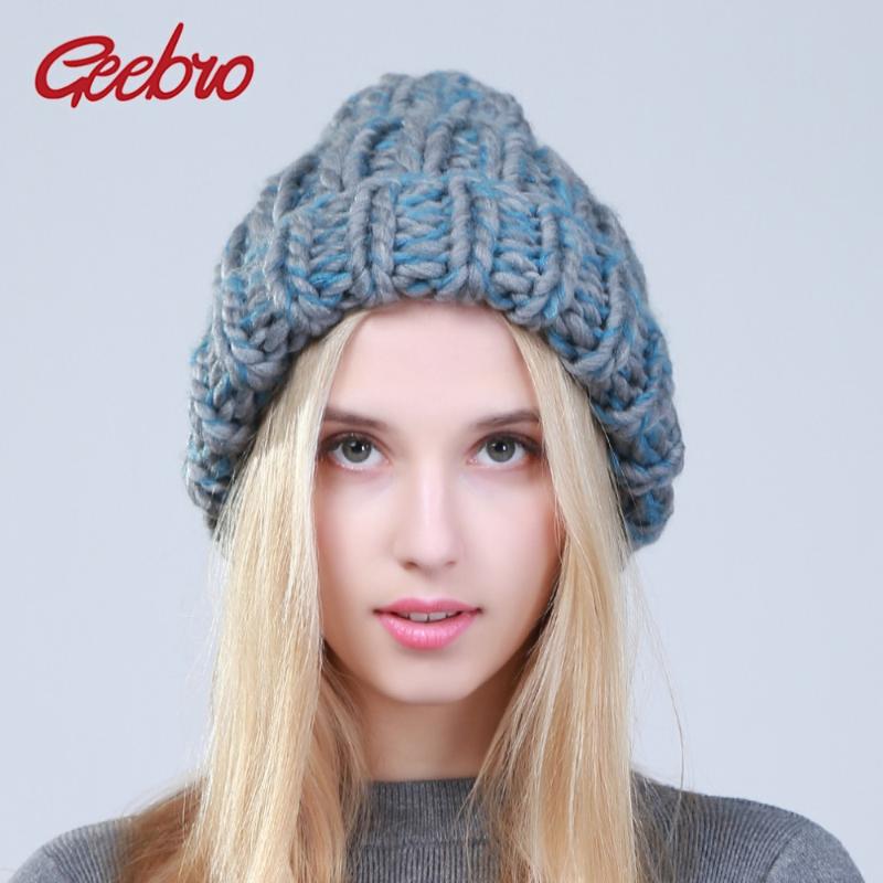 

Geebro 2020 Female Winter Warm Mixed Color Beanies Handmade Thick Stick Knitted Coarse Lines Hat Crochet Women Lovely Caps, Grey blue