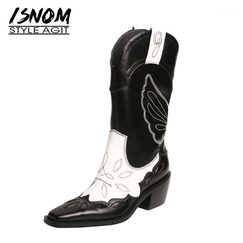 

ISNOM Vintage Mid Calf Boots Women Genuine Leather Shoes Western Booties Mix Color Cuban Heel Embroider Cowboy Shoes Chunky Heel1, Black