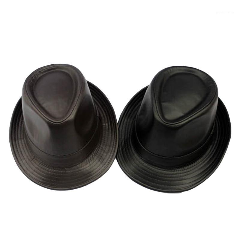 

Men Women Stylish Faux Leather Panama Trilby Cap Solid Color Jazz Fedora Hat Hot HATCS00731, Black