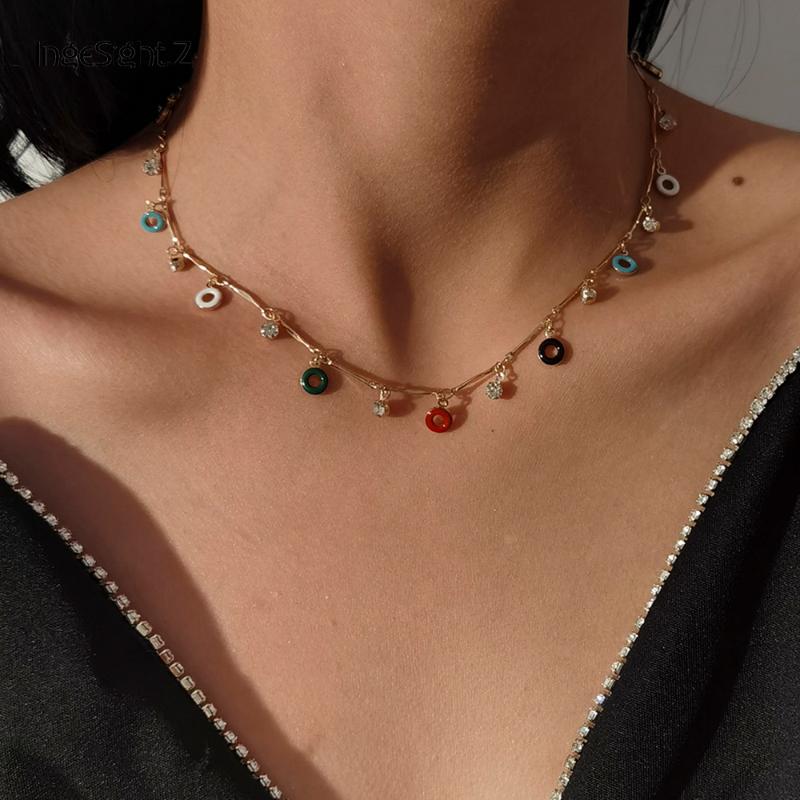 

IngeSight.Z Bohemian Rainbow Small Circle Tassel Copper Choker Necklace Statement Rhinestone Pendant Necklaces for Women Jewelry