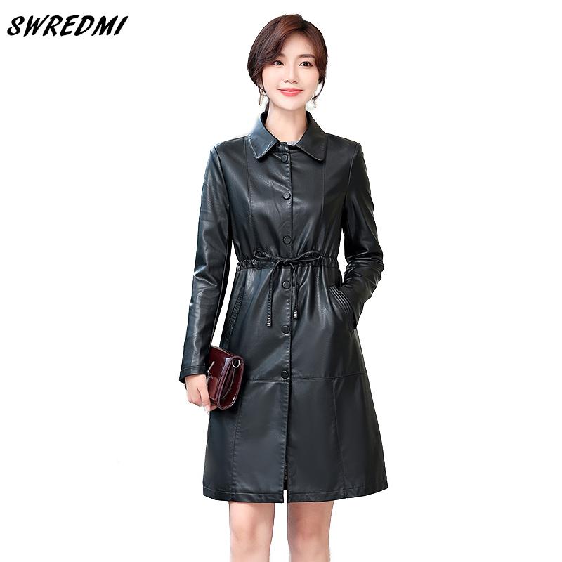 

SWREDMI Cute Drawstring Fashion Long Leather Trench For Women Female Leather Jackets And Coats Plus Size -3XL Oversize Clothing, Black