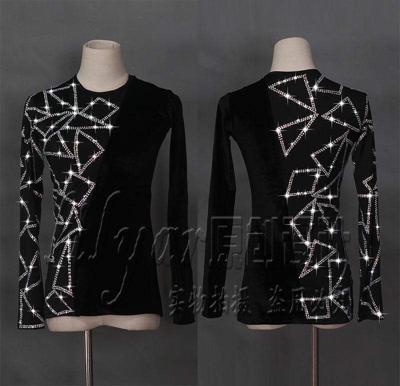 

Stage Wear Latin Dance Shirts Men Flamenco Long Sleeve Round Neck Sequin Middle East Diamond Tops Ballroom Shirt Performance, Clear