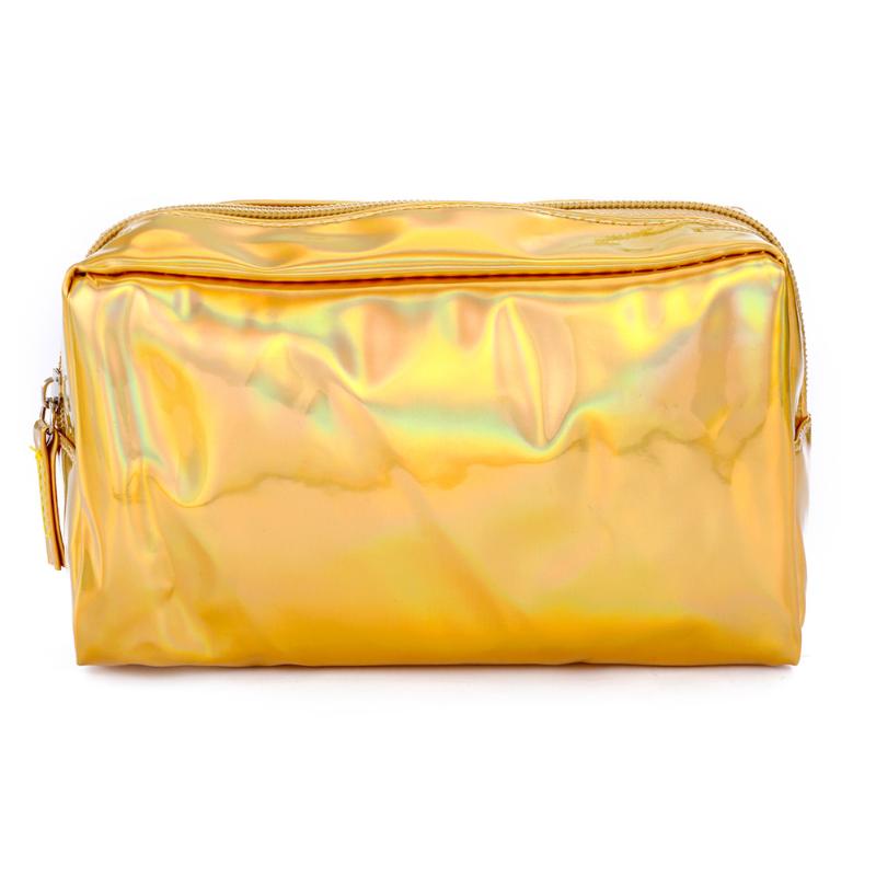 

Hot Selling Holographic Pencil Case PU Cosmetic Pouch Storage Zipper Makeup Purse Bag -B5, Gold