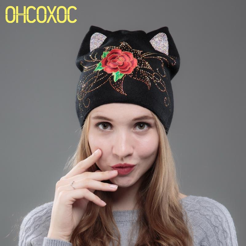 

OHCOXOC New Design Women Beanies Skullies Cute Red Rose Girl Autumn Winter Hat With Cat Ear Rhinestone floral woman beanie, Ear no crystal