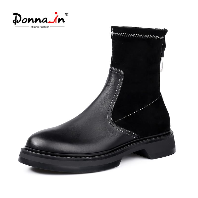 

Donna-in Genuine Leather Black Zipper Comfortable Short Boots Women's Autumn and Winter New Thick-soled Round Toe Boots, Blue short plush
