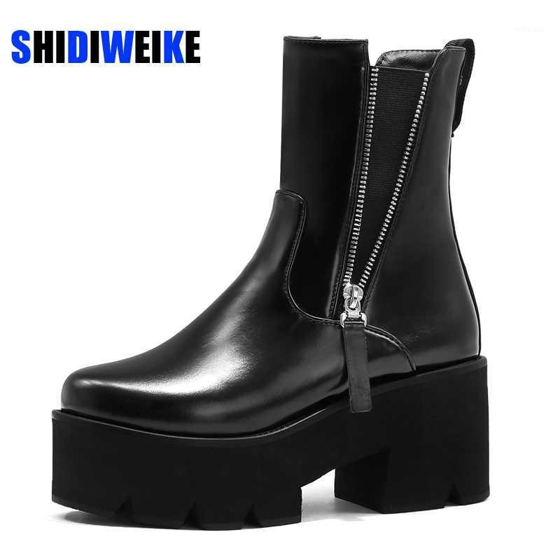 

New Sexy Platform Shoes Women Leather Autumn Boots Block Heel Gothic Black Punk Style zipper Female Footwear High Quality AC0731, Black pu leather