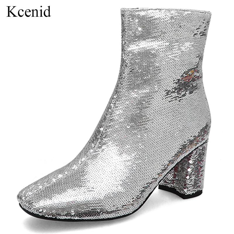 

Kcenid 2020 Bling bling upper ladies ankle boots sequined fashion zipper thick high heels square toe winter boots silver women, Black