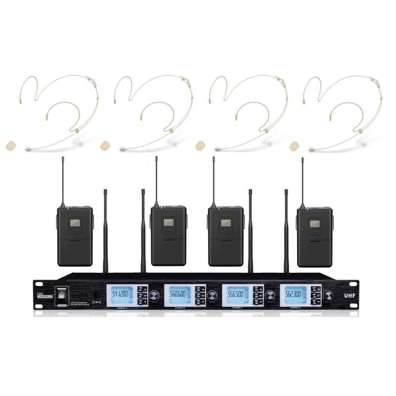 

Bolymic Headset Wireless Microphone System UHF 4 Channel Cordless Mic Set 4 Headset Mics Selectable Frequency