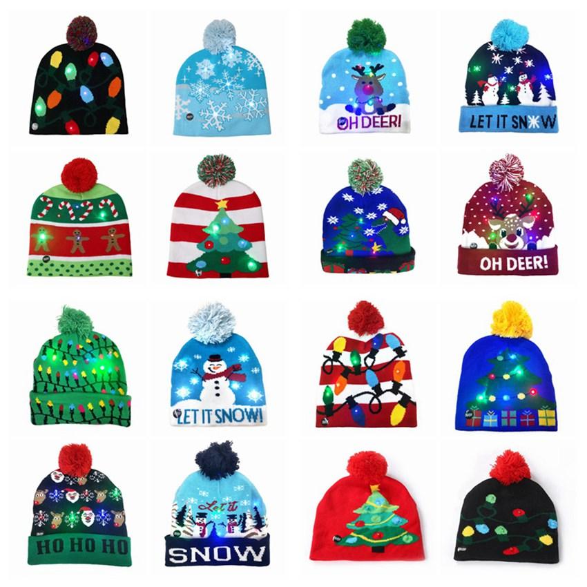 

16 style Led Christmas Halloween Knitted Hats Beanies Kids Baby Mom 20*21cm Winter Warm Beanies Pumpkin Snowmen Crochet Caps ZZA
