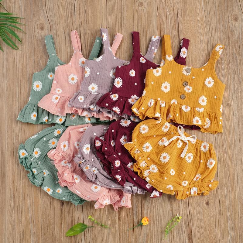 

0-5Y Summer Kids Baby Girl Clothes Set Daisy Sleeveless Ruffle Crop Top+Shorts Soft Cotton Linen 2pcs Cute Baby Sets