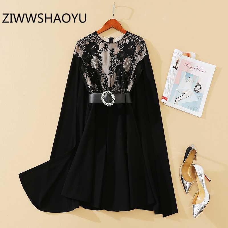 

ZIWWSHAOYU Autumn Women Elegant Vintage Mini Dresses Runway Designer Ladies Black Diamonds Belt Lace Loose Dress Vestidos