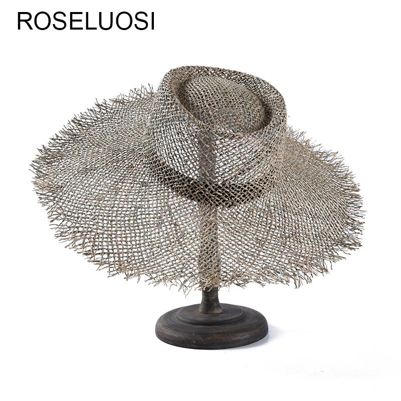 

ROSELUOSI Women Summer Beach Hats Wide Brim Fashion Beach Hats Hollow Out Sun Panama For Woman Chapeu Feminino, Natural