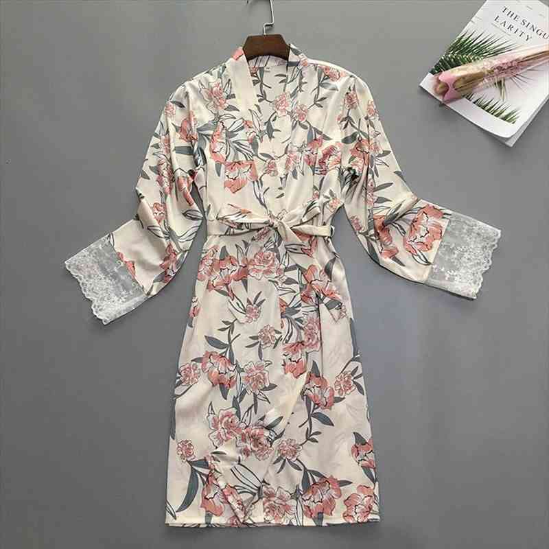 

Robe Femme Silk Sleepwear Satin Bathrobe Kimono Home Dress Flower Robe Vintage Sexy Sleep Lounge Elegant Night Wear Women, Black;red