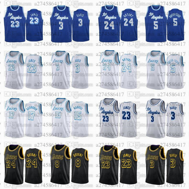

Men basketball Los Angeles Lakers Kobe Bryant 23 James 3 Davis 5 Tucker 15 Harrell 17 Schroeder Black Mamba Jersey, Black;red