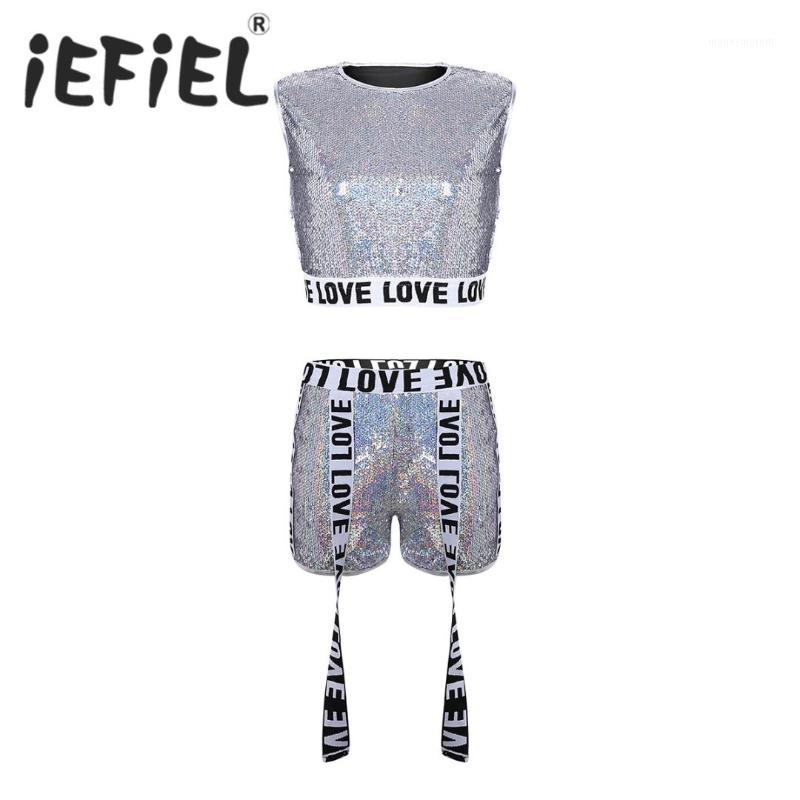 

Female Women Sparkle Shiny Sequins Dance Suits Sleeveless Vest Crop Top with Shorts for Jazz Hip Hop Dancewear Stage Performance1, Silver
