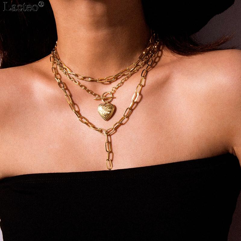 

Lacteo Punk Gold Color Openable Love Heart Pendant Necklace Women Statement Multi Layer Chunky Clavicle Chain Choker Necklaces