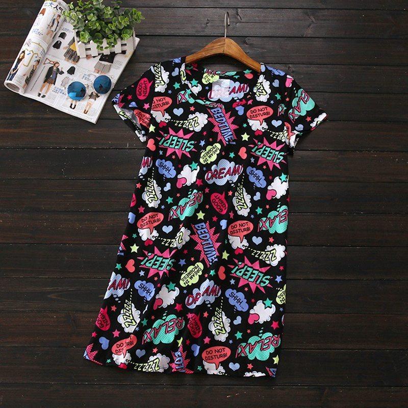 

2020 Summer Female Casual Cartoon nighty dress Ladies 100% Cotton Leisure Nightgown Women Short Sleeve Round collar sleepshirt, Black