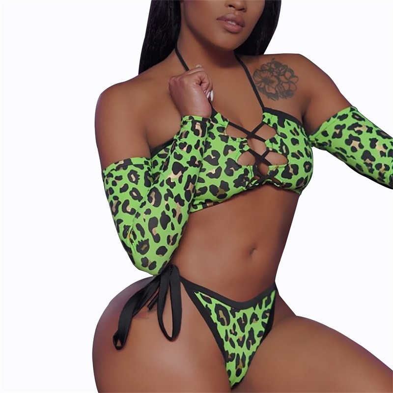 

Off Shoulder Leopard Print Bikini Halter Lace Up Swimsuits For Women Long Sleeve Monokini Brazilian Biquini Thong Swimwear Y200319, Green leopard