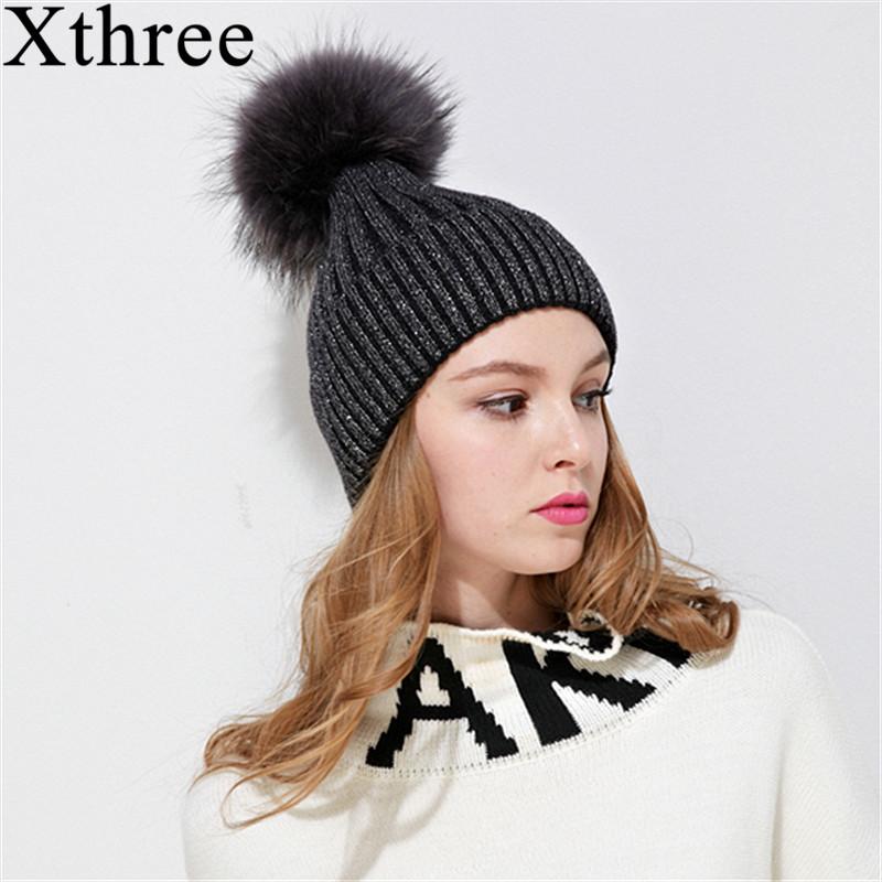 

Xthree] fur pom poms knitted hat winter hat for women and girl beanie real brand new thick female wool cap, Black